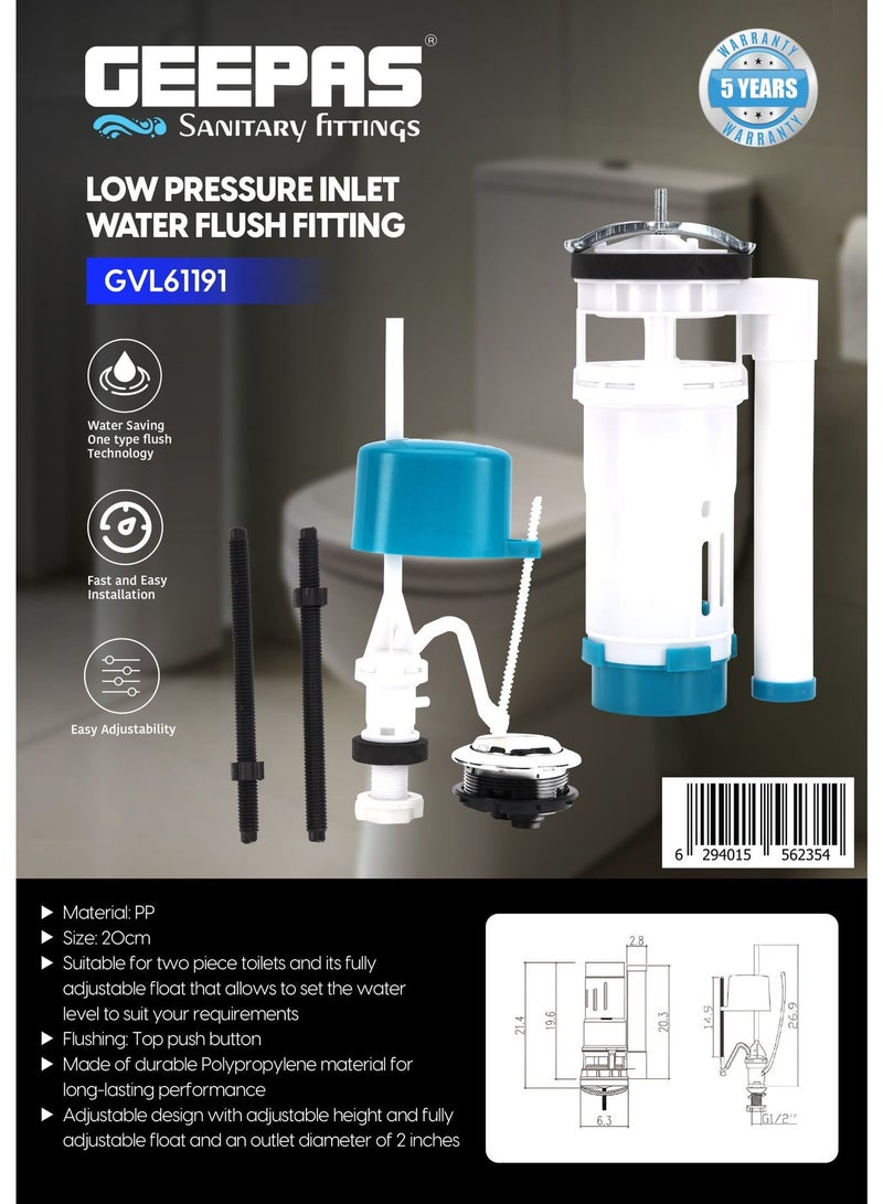 GEEPAS Low Pressure Inlet Water Flush Fitting | PP Material, 20 cm Size, Easy Adjustability, Adjustable Height and Float Setting | Water Saving Design and Top Push Button for Easy Use | GVL61191 White - Image 2